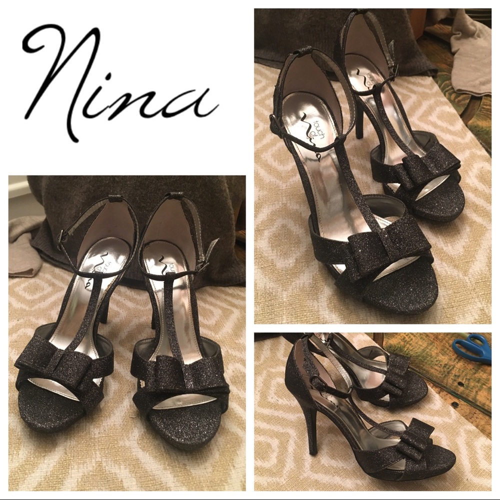 Nina Gunmetal Glitter Strappy Bow Heels